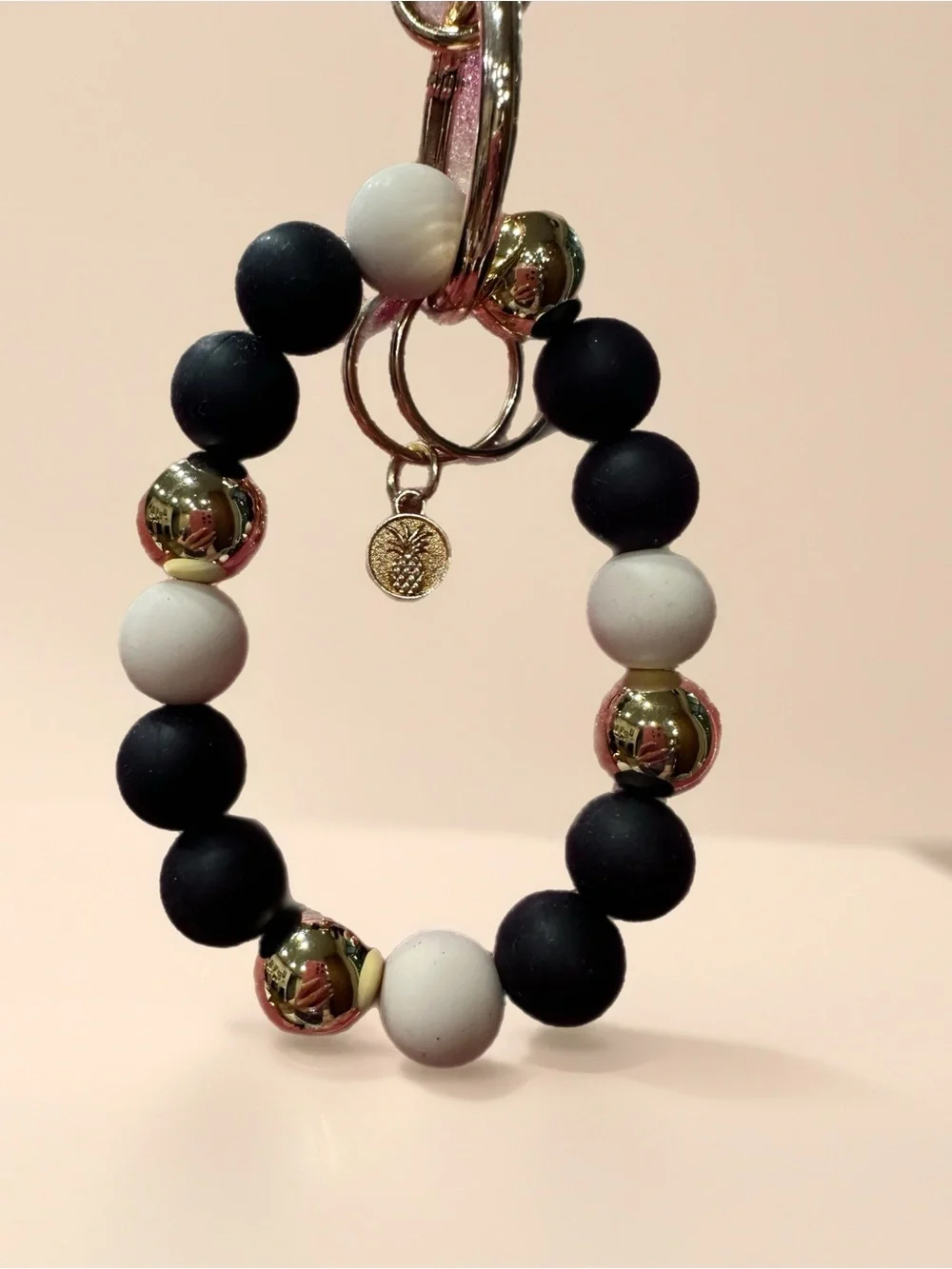 Black & White Beaded Keychain with Gold Accents